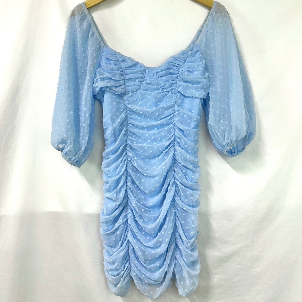 HELLO‎ MOLLY No Wrongs Committed Light Blue Ruched Swiss Polka Dot Mini Dress S